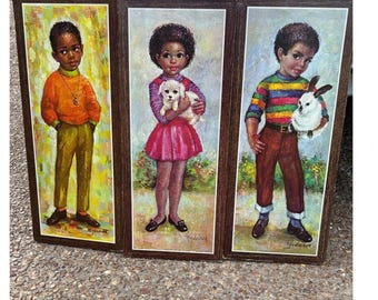 Vtg 1960er Jahre Kinder Wand Kunst Lithographie Set 3 Mid Century Portraits