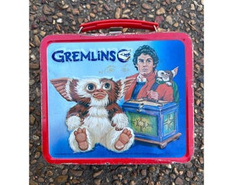 Lonchera metálica Gremlins de Aladdin 1984 Vintage Azul Rojo Gizmo Raya Película Buena