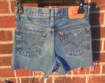 Levi's 550 Denimshorts Dam 26 Blå Distressed Bandana Custom SNAP Cutoff