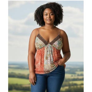 Könnte beinhalten: Ein ärmelloses Camisole-Top mit Patchwork-Design in Orange-, Blau- und Cremetönen mit Blumen- und Paisley-Mustern. Das Kleidungsstück hat dünne Spaghettiträger, einen mit dunkelbrauner Spitze verzierten V-Ausschnitt und eine lockere Passform.