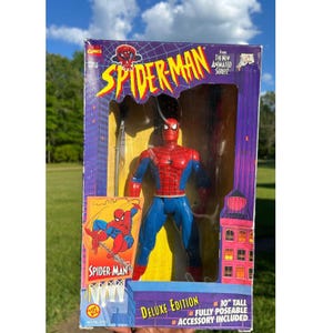 Puede incluir: Figura de acci&oacute;n de Spider-Man Deluxe Edition, de aproximadamente 25 cm de altura, en su embalaje original. La figura roja y azul es totalmente articulada e incluye un accesorio. La caja presenta el logotipo de Spider-Man y gr&aacute;ficos de la serie animada.