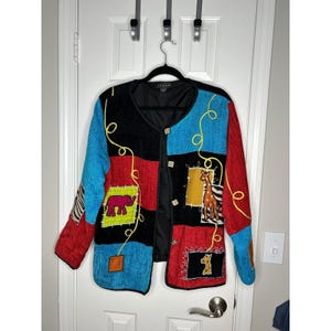 Blazer/Casaco estilo boho vintage patchwork com estampa de animais safari da First Vision by Shirin