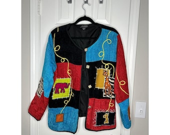 First Vision by Shirin Vintage Patchwork Safari Animal Blazer Coat Jacket boho