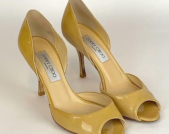 Jimmy Choo Peep Toe Pumps Womens 36 Yellow Tan Patent Leather Heels Vintage Y2K
