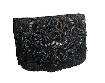 Partners Beaded Evening Bag Womens Small Black Satin Floral Clutch Vintage Good