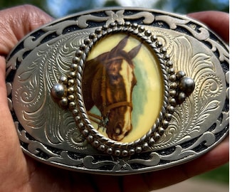 Vintage Pferde Gürtelschnalle Unisex OS Silber Metall Western Pferdesport