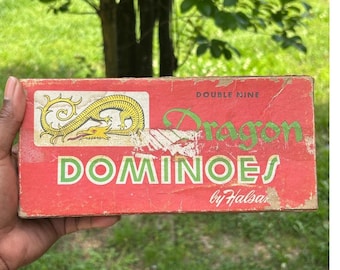 Juego de 55 piezas de dominó Halsam Dragon Double Nine, negro, con relieve, estilo vintage.