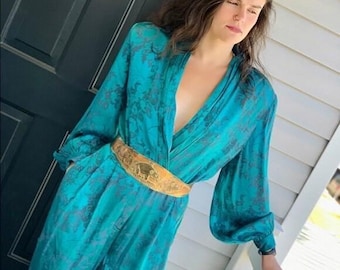 Vintage Teal Floral Jacquard Jumpsuit: Tiefer V-Ausschnitt mit Laternenärmeln 80er Jahre Glamour