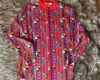 Mickey & Co Button Down Shirt Mens L Red Cotton Striped Band Collar Good