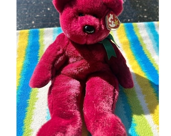 Ty Beanie Buddy Teddy Bär Groß Cranberry Rot 1998 Ausgezeichnet Grün Band Plüsch