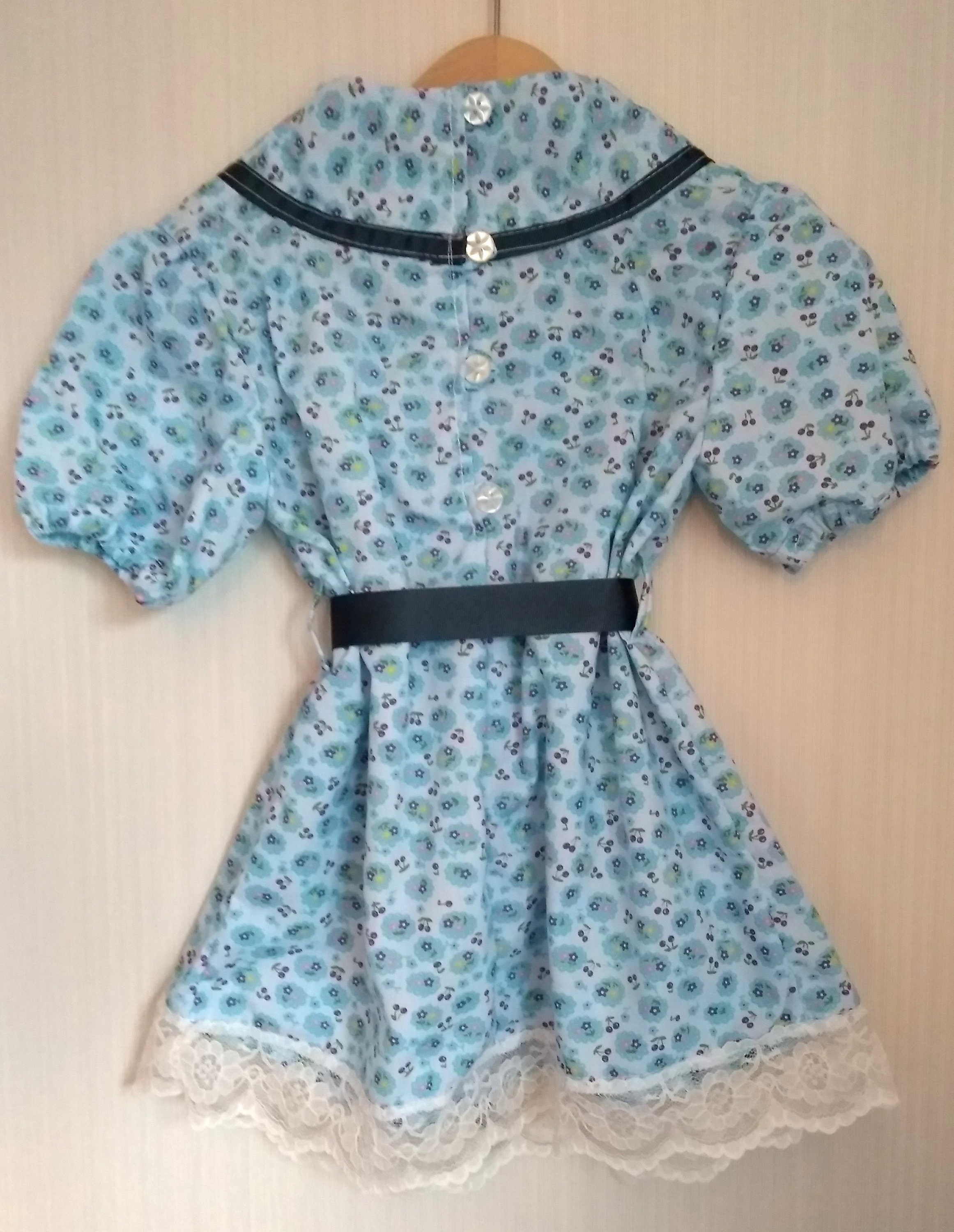 Blue Toddler Summer Dress, Lace Trim, Flower Print Cotton, Back Closing ...