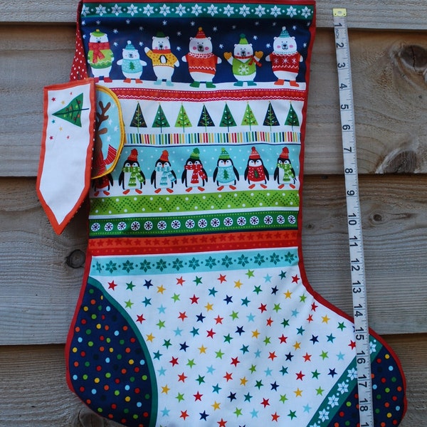 Large Personalised Christmas stocking, organic luxury gift, Santa presents, cotton stars, festive print, winter penguin, reindeer decoration