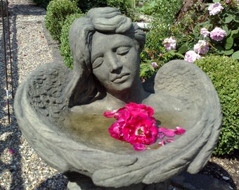 Birdbath bowl drinking trough Art Nouveau woman girl angel with wings art sandstone D 11