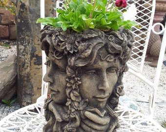 Kerzenhalter Übertopf Jugendstil 4 Gesichter Vase zum bepflanzen oder Kunst Sandstein B 13