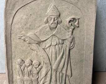 Heiliger Sankt Nikolaus m. Kinder Relief Kunststein Bild zum aufhängen Steinguss Handarbeit aus Kunst Sandstein im Vintage Antik Design W 36