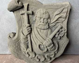 Le pêcheur Pierre avec sa clé, bas-relief des armoiries, tableau en pierre artificielle à accrocher, pierre reconstituée, art artisanal, grès au design antique vintage, W 39