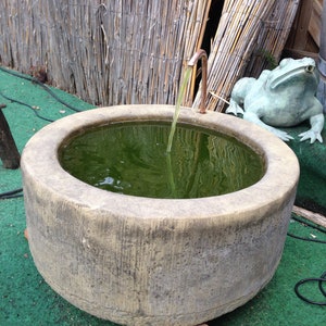 May include: A stone fountain with a small spout and a green frog statue. The fountain is filled with water and has a rustic, aged look.