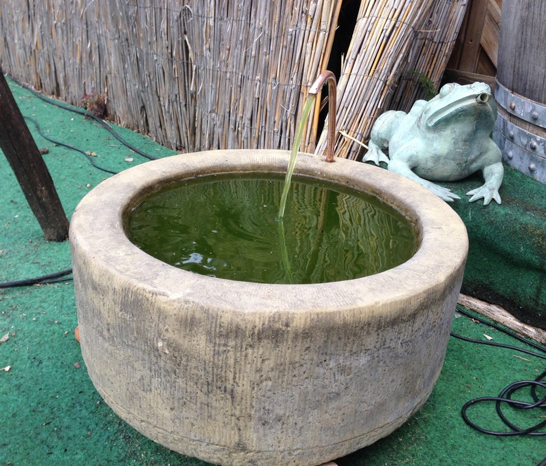 May include: A stone fountain with a small spout and a green frog statue. The fountain is filled with water and has a rustic, aged look.