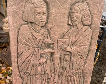Kosmas und Damian Relief zum aufhängen Schutzpatron der Mediziner Ärzte Steinguss Handarbeit Kunst Sandstein im Vintage Antik Design W 40