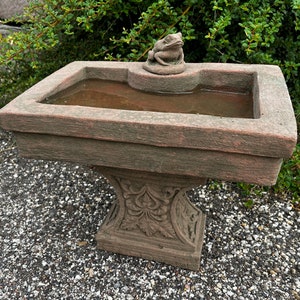 Birdbath drinking bowl rectangle frog and base art sandstone D 19