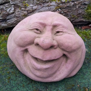 Stone face garden garden guardian garden sculpture garden figure ghost guardian laughing large Pebble People art sandstone antique look Pe 12