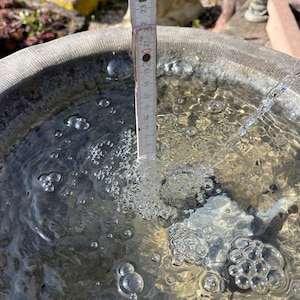 Peut inclure: Un abreuvoir en pierre rempli d'eau, avec une r&egrave;gle indiquant une profondeur d'eau d'environ 19 cm. Des bulles sont visibles dans l'eau, et un filet d'eau coule dans le bassin. L'abreuvoir est &agrave; l'ext&eacute;rieur.
