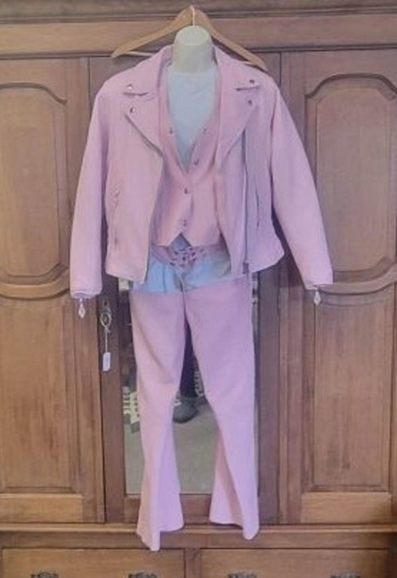 Vintage Pink Leather Chaps, Vest, and Jacket