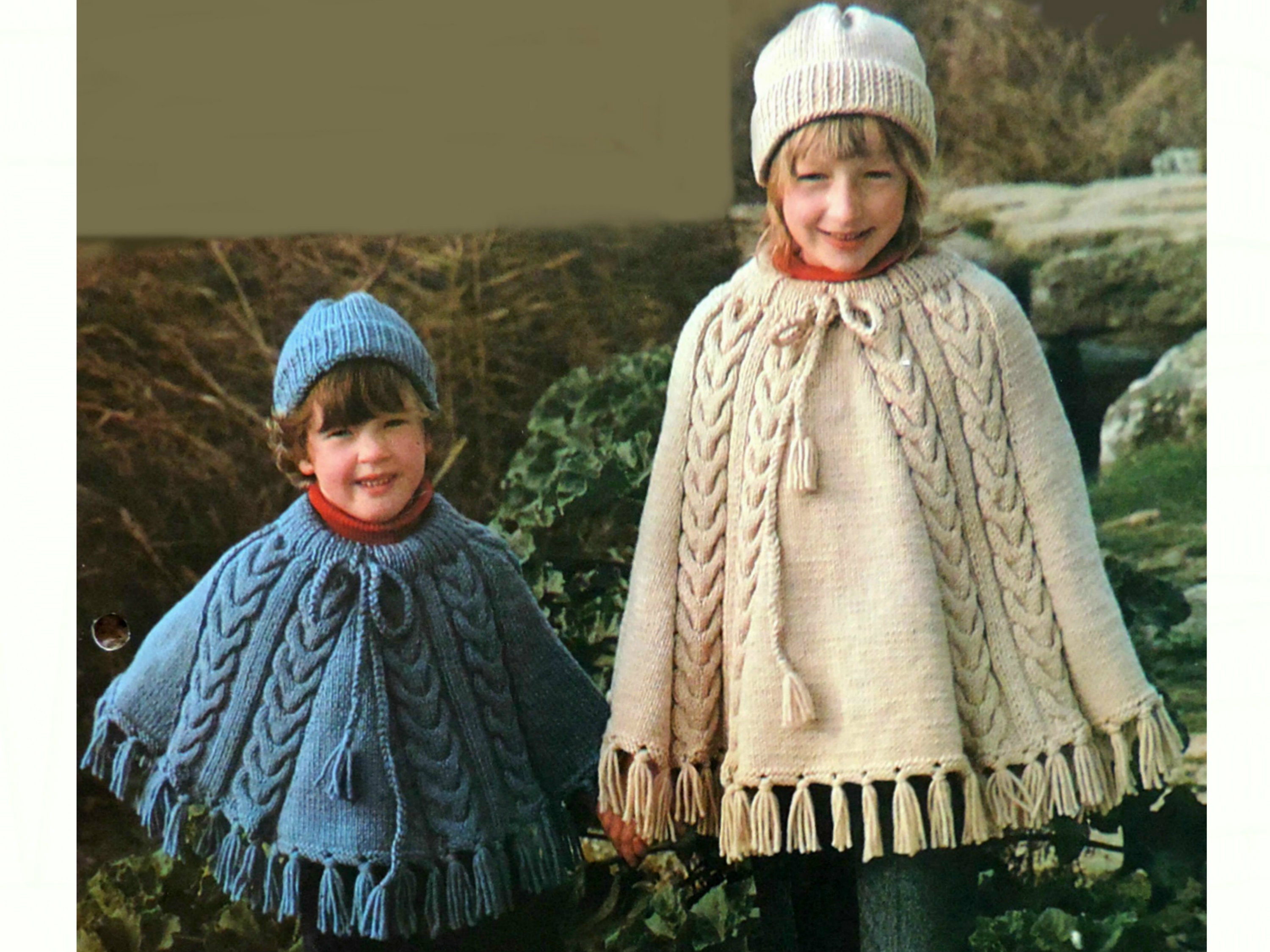 Girls Cable Poncho & Hat Knitting Pattern PDF Childrens 