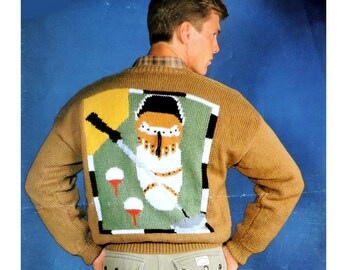 vintage mens golf sweater knitting pattern pdf mens golfing motif jumper 38-44 DK light worsted 8ply pdf instant download
