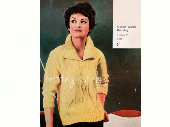 Womens Aran Sweater Vintage Knitting Pattern PDF Ladies Chunky Crew or Polo Neck Cable Jumper Pullover 34-38 inch Bulky