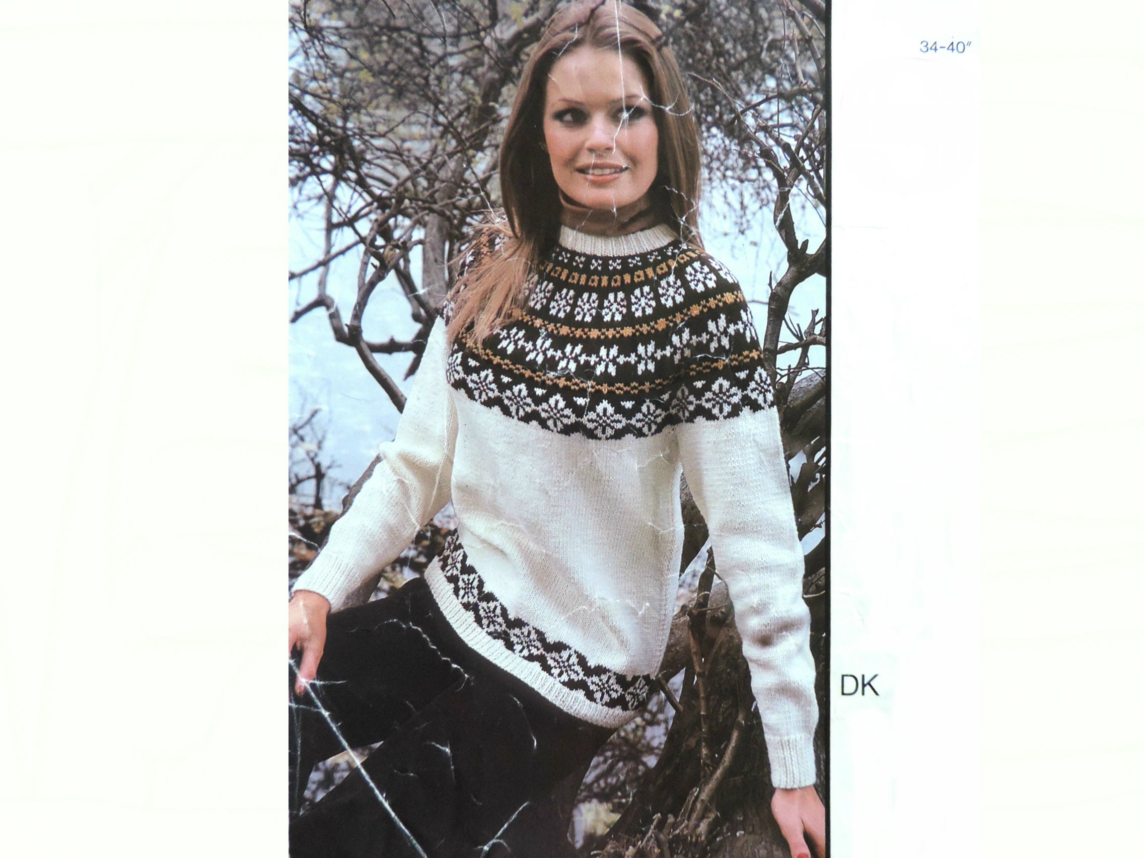vintage womens fair isle sweater knitting pattern pdf ladies girls fairisle yoke jumper 23-2934-40 aran worsted 10ply pdf instant download