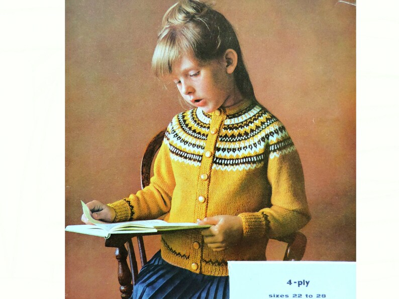 Girls Fair Isle Yoke Cardigan Knitting Pattern PDF Childs 22 Etsy UK