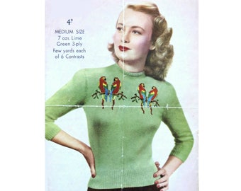 Love Birds Sweater Knitting Pattern PDF, 1940s Vintage Fair Isle Jumper for Women