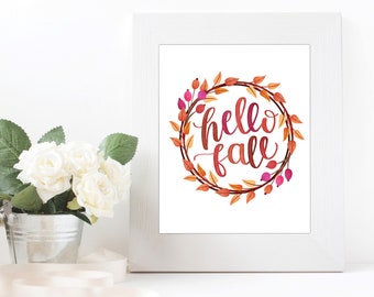 Hello Fall Print, Fall Home Decor, Fall Leaves, Digital Download, Printable