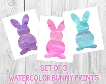 Set of Three Watercolor Bunnies, Pink Bunny, Blue Bunny, Purple Bunny, Easter Decor, Spring Wall Art, Digital Download, Printable