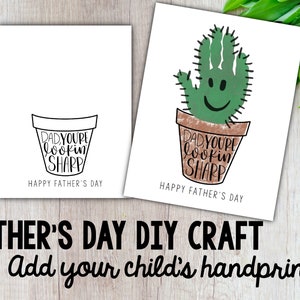 Op de afbeelding: Een printbare vaderdagkaart met een cactus waarvan het lichaam een handafdruk is en de tekst "Pap, je ziet er scherp uit. Fijne vaderdag."