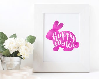 Happy Easter, Easter Bunny Print, Easter Decor, Home Decor, Easter Wall Art, Digital Download, Easter Printable, Watercolor Art