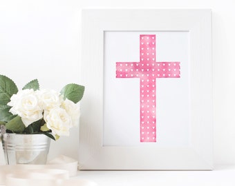 Cross, pink with white hearts, watercolor, printable home decor, digital download, nursery art, kids room print, Catholic wall art