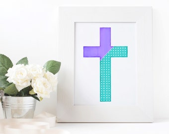 Cross wall art, purple and teal, white polka dots, printable home decor, digital download, nursery wall art, kid decor, Catholic wall art