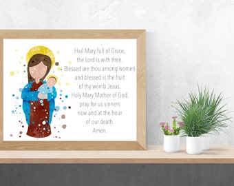 Hail Mary Prayer with Mary Painting, Digital Download, Catholic Home Decor, Printable Wall Art, Hail Mary Full of Grace