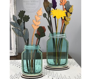SVG Digital Instant Download Laser Cut File 6 MM Vintage Mason Jar with Wood Wildflowers on stands