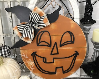 SVG Laser Cut File Pumpkin Witch Hat and Face For Round Wood Sign