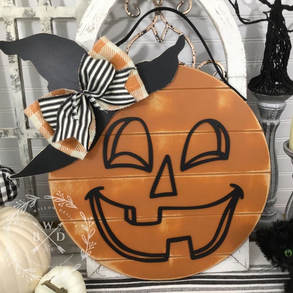 SVG Laser Cut File Pumpkin Witch Hat and Face For Round Wood Sign