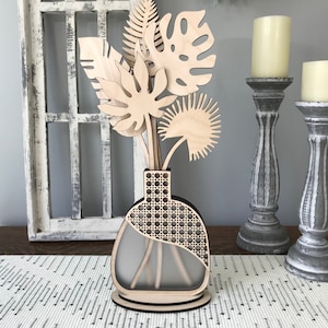 SVG Digital Instant Download Laser Cut File Rattan Vase with Tropical Botanical Leaves Set on Stand Summer Home Decor