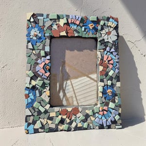 Unglazed matted tile work in earth tones on table top picture frame 5×7".