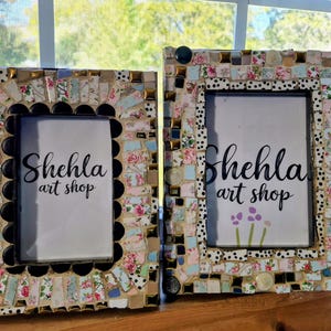 Mosaic picture frame, broken china mosaic work, table top picture frames.