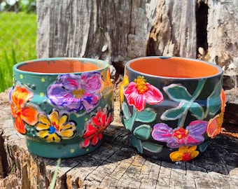 Hand painted cylinder shape terracotta plant pots 4"
