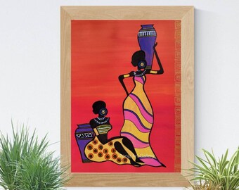 African Women Acrylic Painting, Afrocentric Art Decor (9x12)