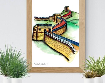 Great wall of china Art Print, Seven Wonders, Asian City art, Asian Landscape Art, Asian Wall Decor, Travel Art Print, Handmade Travel Gift
