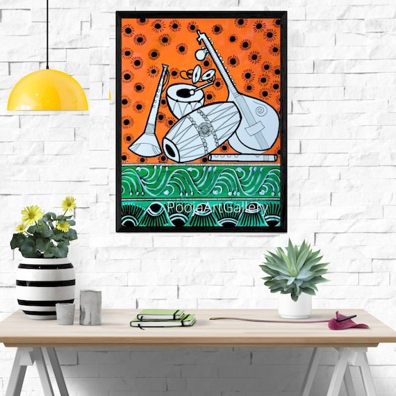 Original Indian Musical Instruments Acrylic Painting, Wall Art